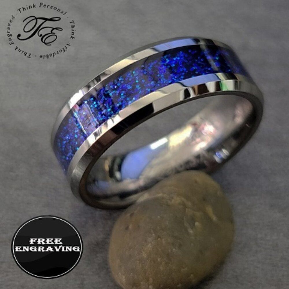 Engraved Mens Blue galaxy Opal Tungsten Ring